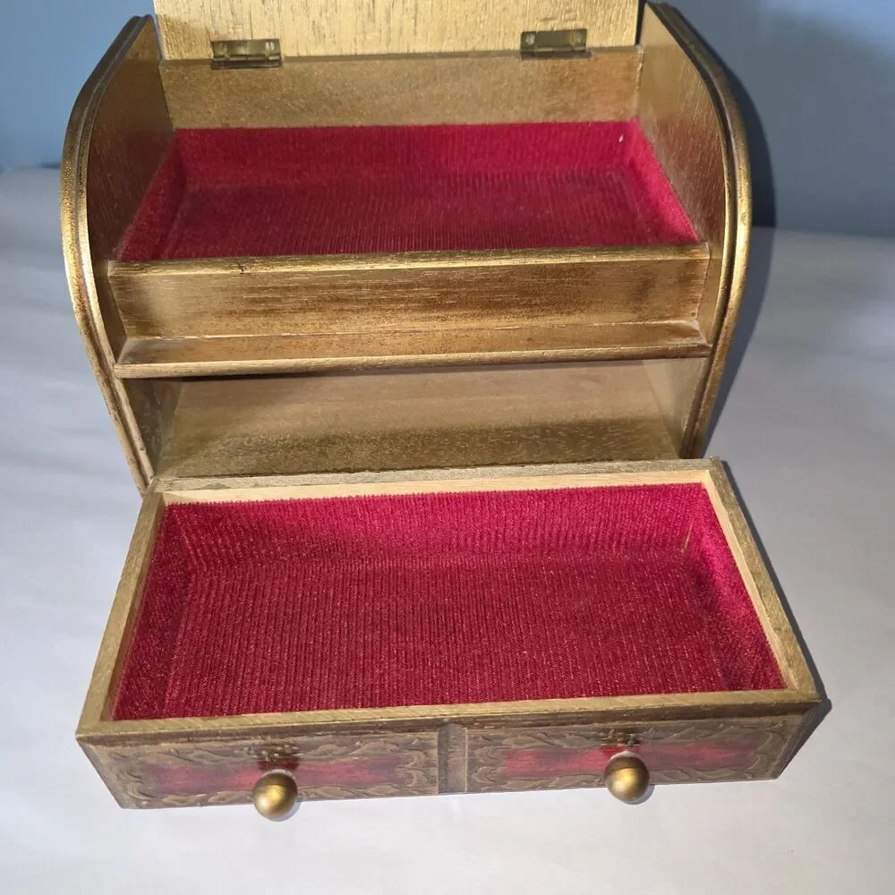 Vtg MIM Lador Japan Wooden Musical Jewelry Box Victorian Couple Sunrise Sunset